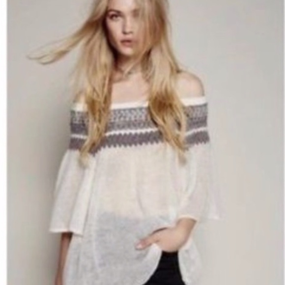 Free People Loch Lomond short sleeve fair isle yoke sweater ivory sz XS - Picture 2 of 6